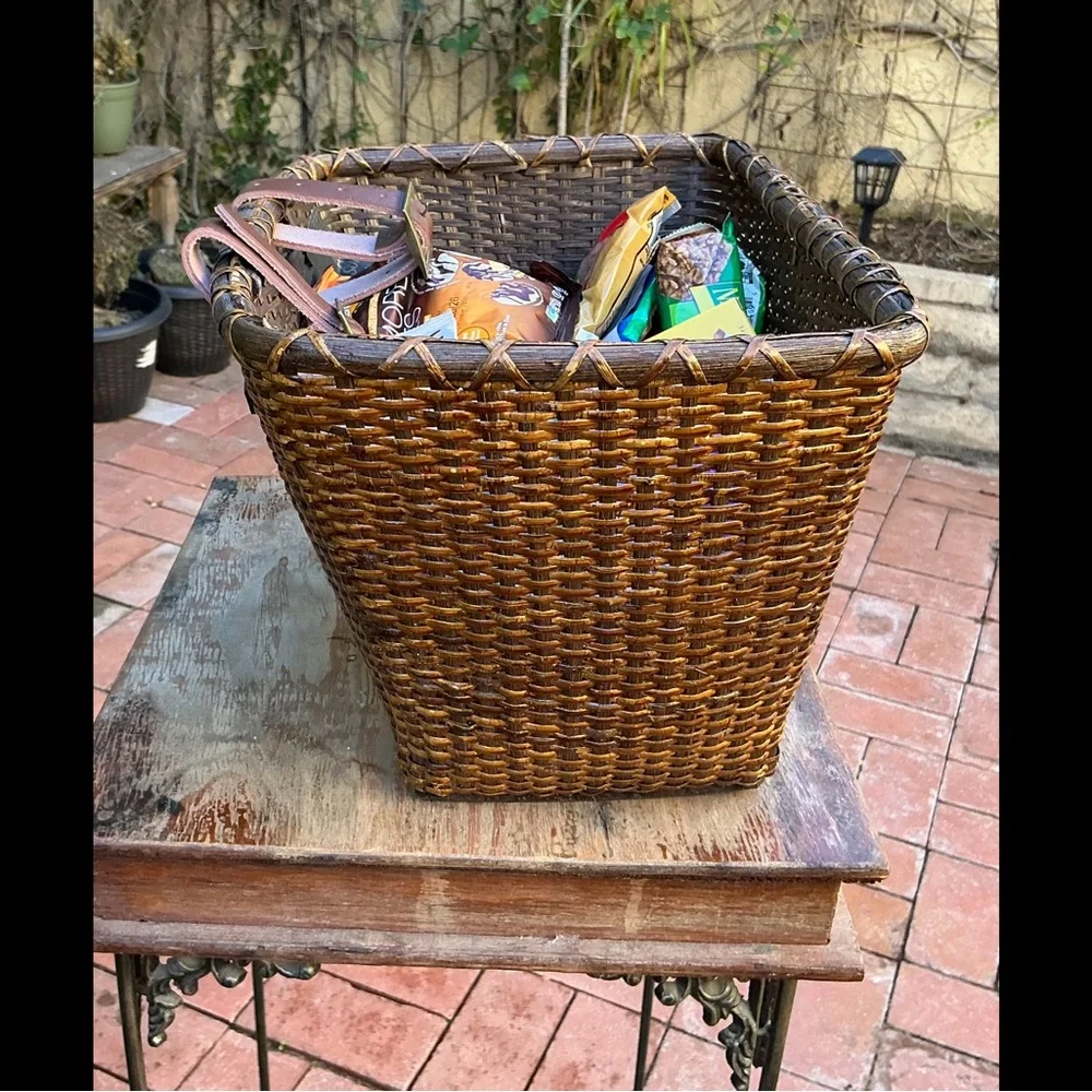 Attachable Multi-Use Dark Wicker Rattan Basket with Leather Straps (For Bike?)